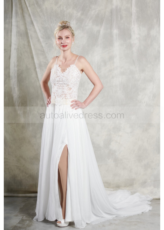 Spaghetti Straps Ivory Lace Chiffon Split Wedding Dress